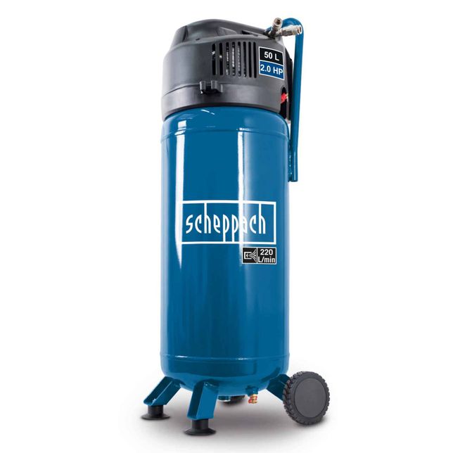 Scheppach oil-free compressor with 50-litre tank and 2.0 HP power. 220 litres per minute air delivery.